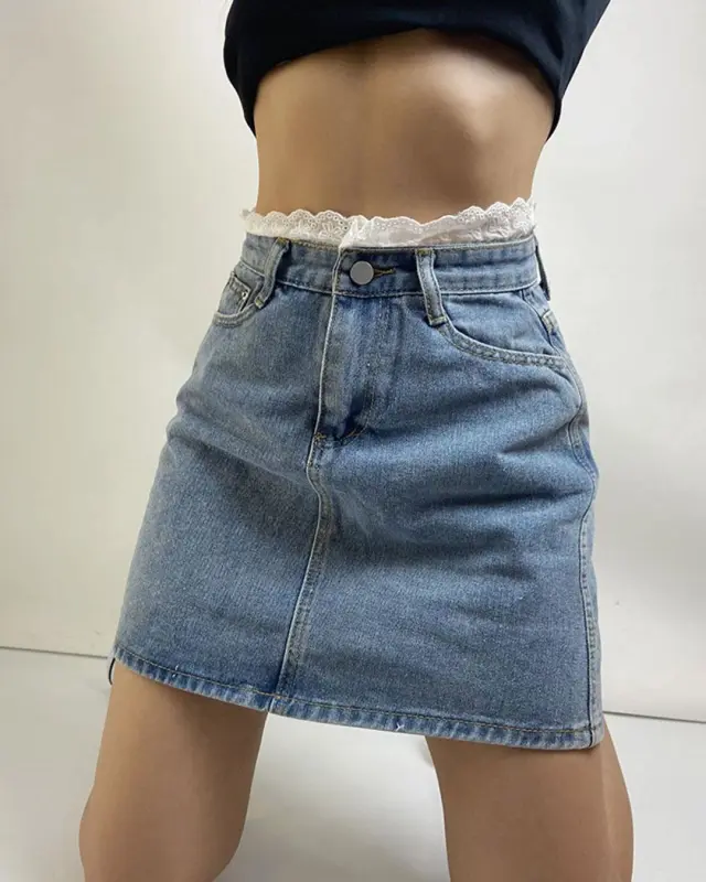 Ins Butterfly Embroidery Lace Stitching Denim Skirt