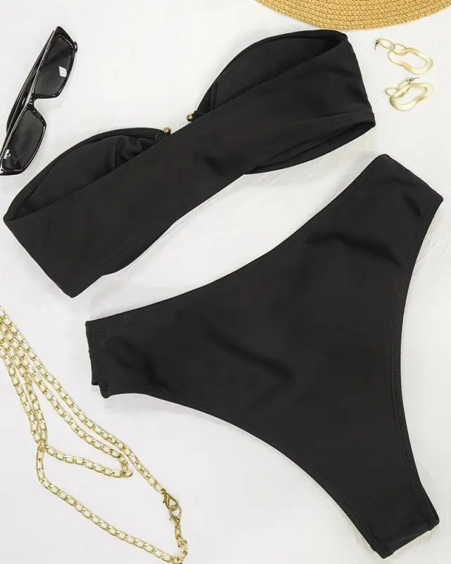 Solid Color O-Ring Belted Bikini Sets