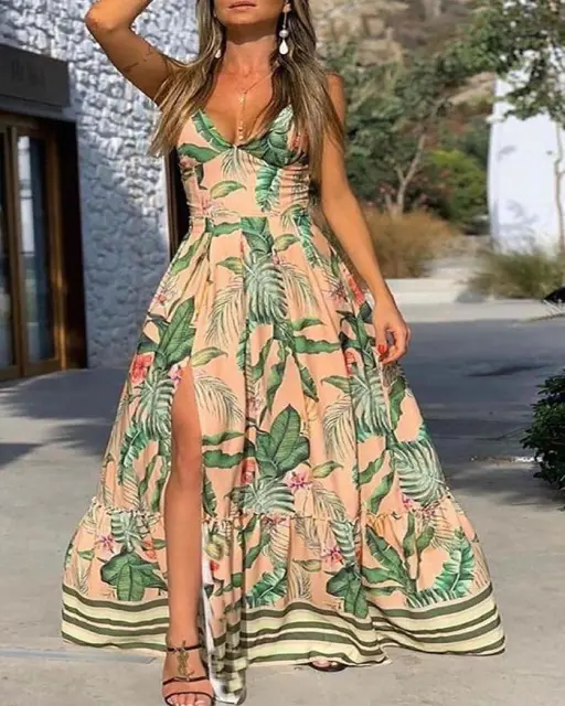 Floral Print V-neck Split Hem Maxi Dresses