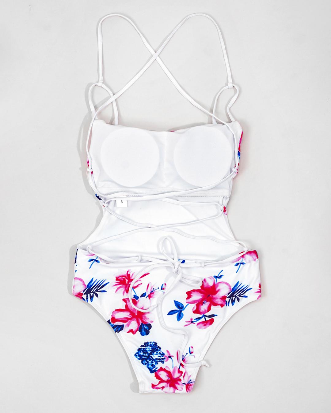 Floral Print Tie Strap One-Piece Bikini Swimsuits