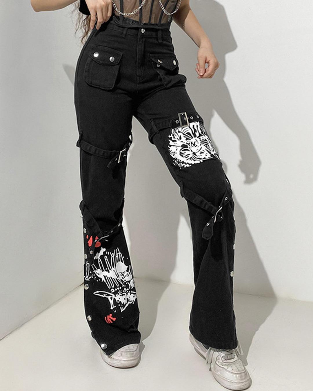 Last One - Rock Print Pocket Straight Jeans