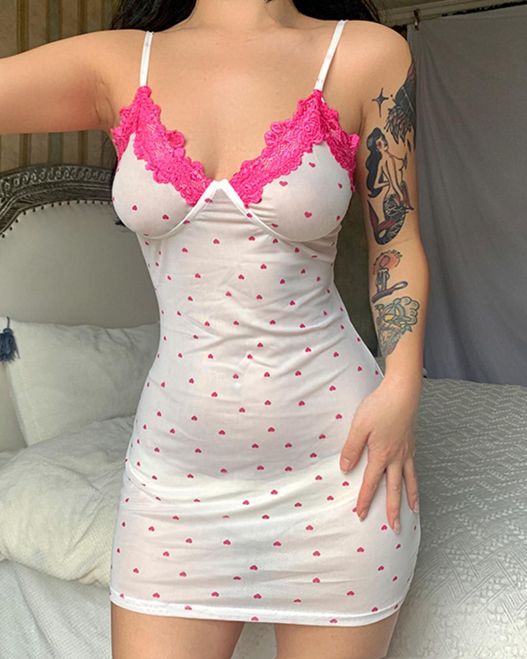 Heart Print Mesh Lace Patchwork Sexy Mini Dresses