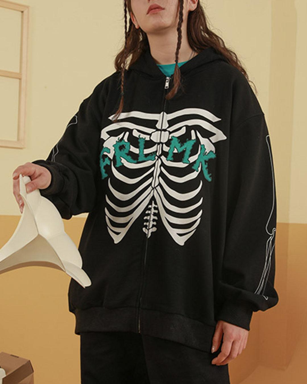 Dark Wind Skeleton Print Zipper Hooded Tracksuit