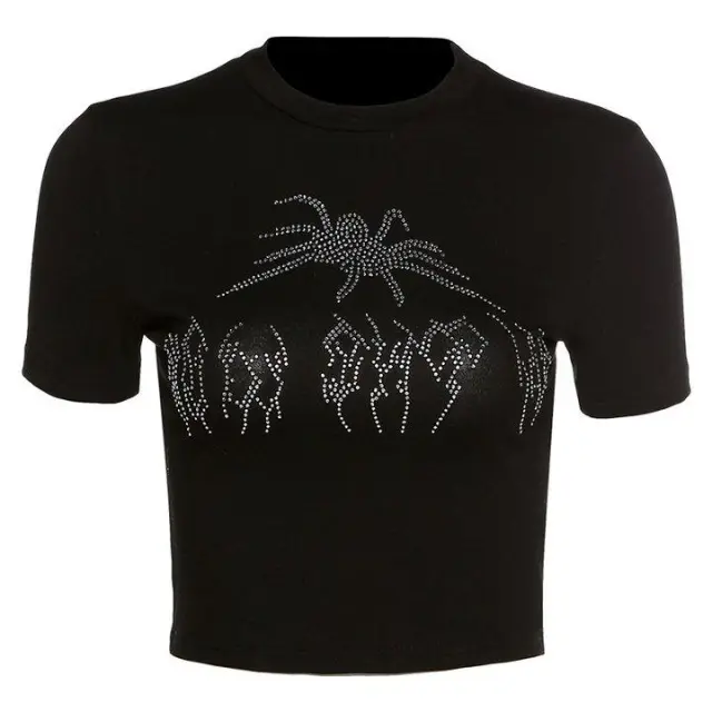 Crystal Embroidered Spider Pattern Cropped T-shirts