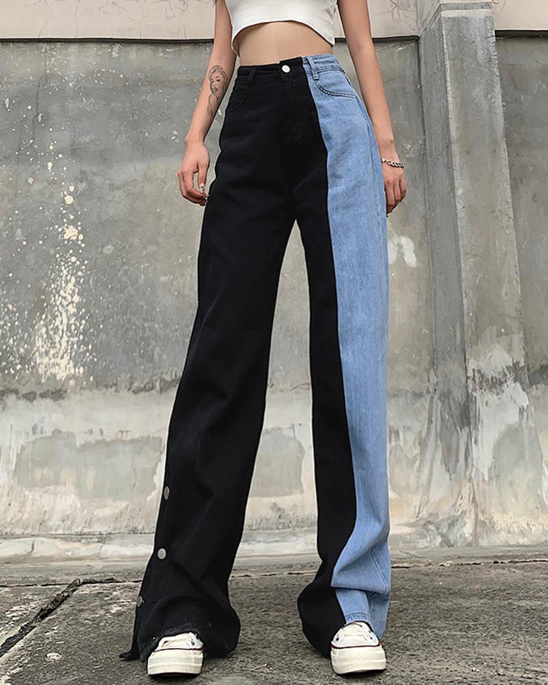 Colorblock High Waisted Straight Jeans