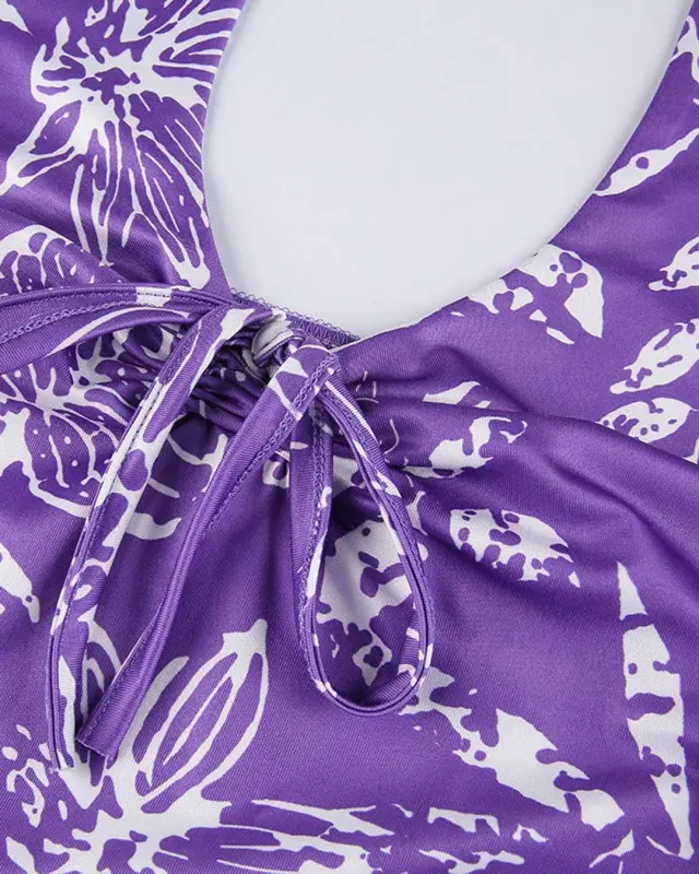Tropical Print Halter Neck Front Drawstring Mini Dress
