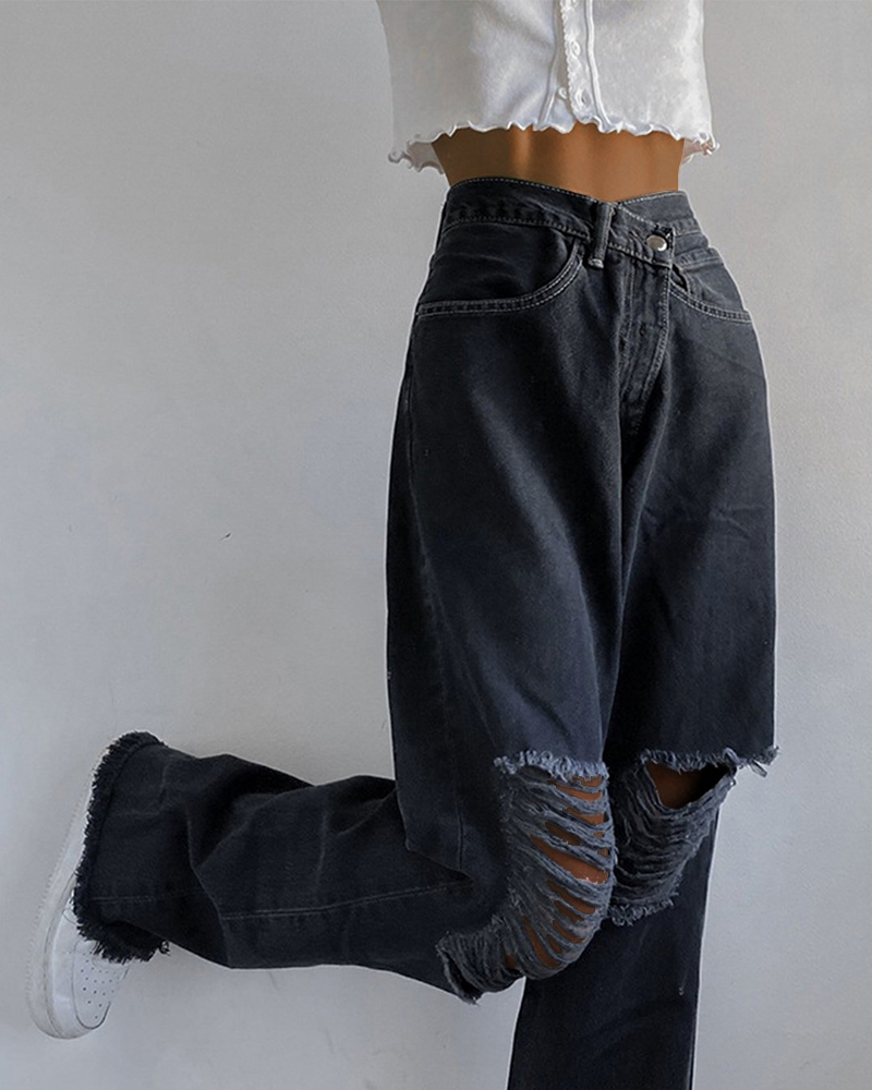 Mid-rise Ripped Straight Jeans