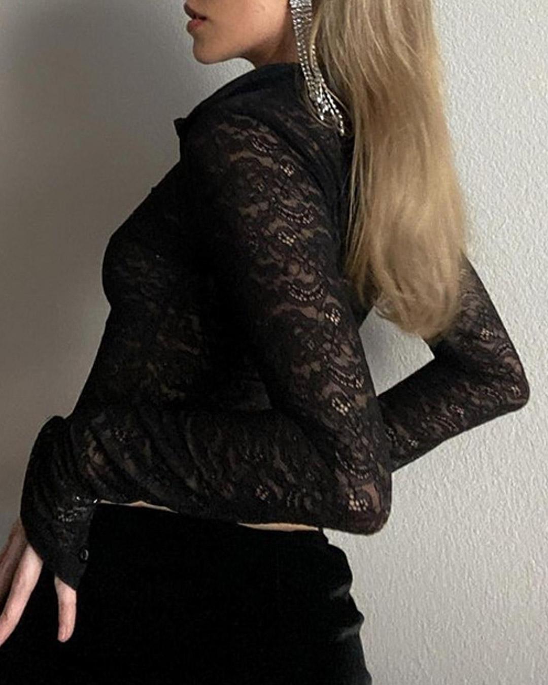 Sexy Lace Lapel Long Sleeve Blouse