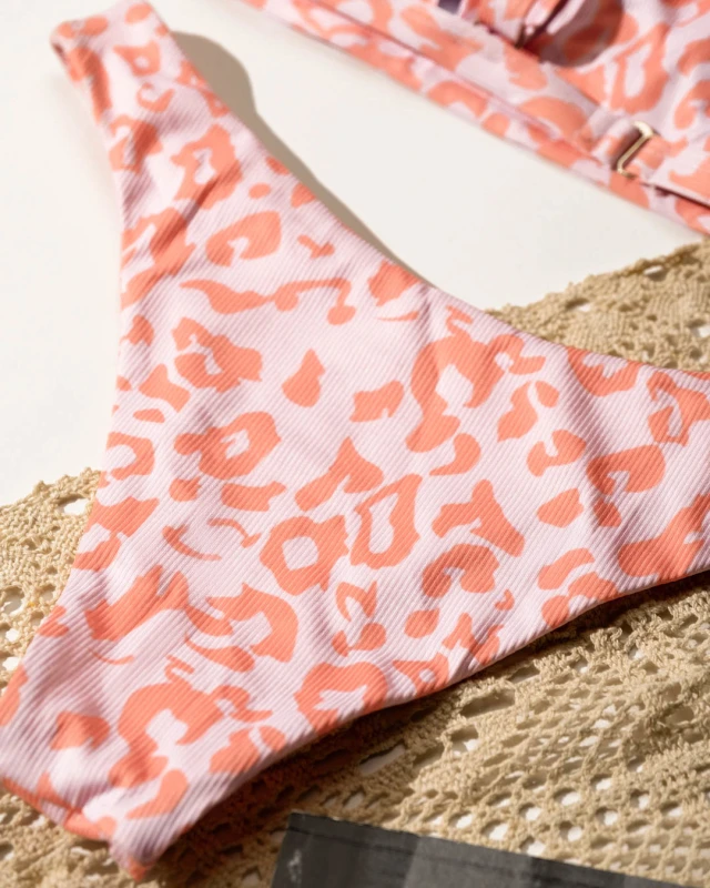 Ribbed Leopard Print High Cut Bikini Sets