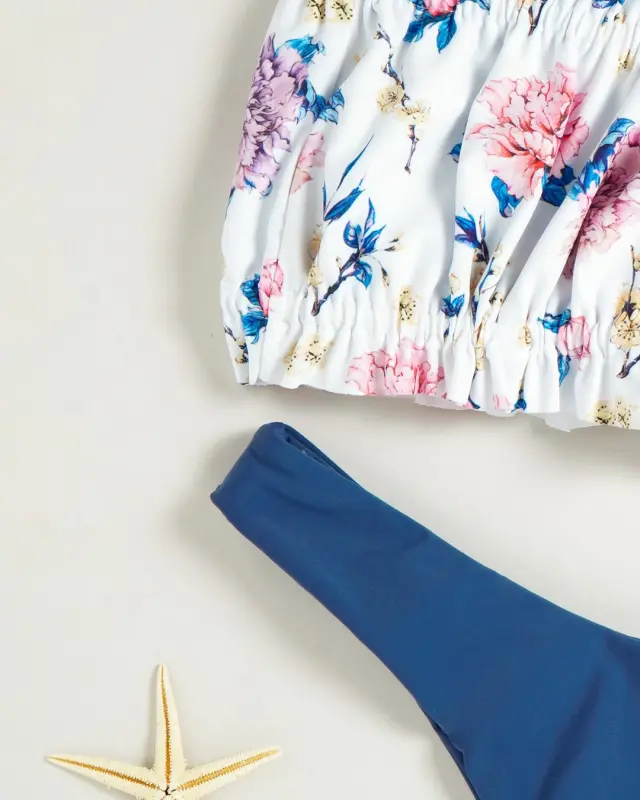Floral Print Tie Strap Bandeau Bikini Sets