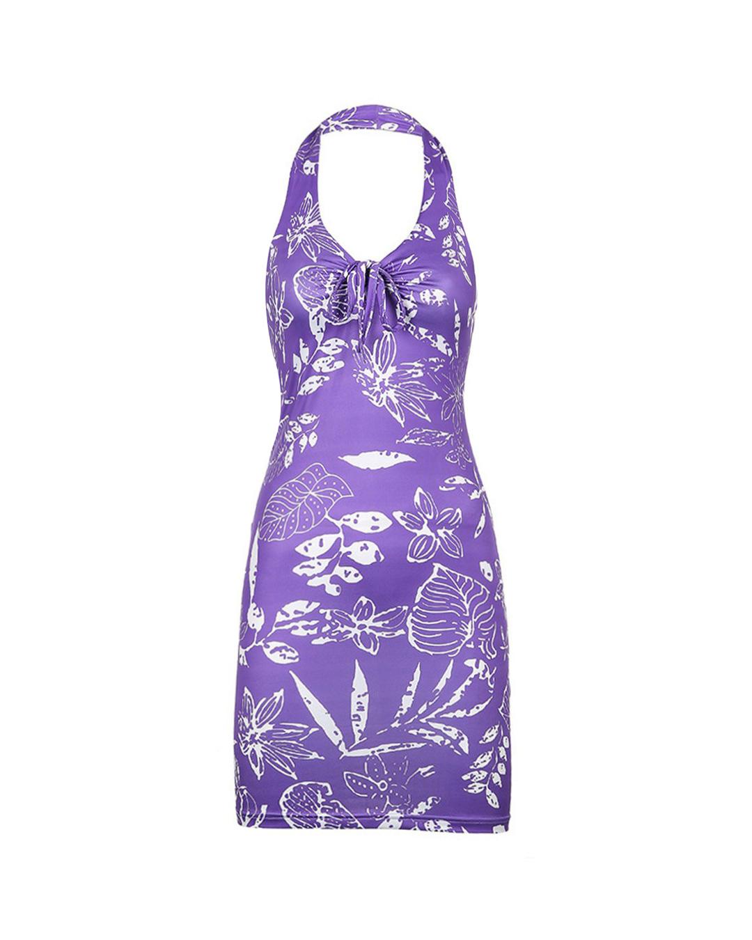 Tropical Print Halter Neck Front Drawstring Mini Dress