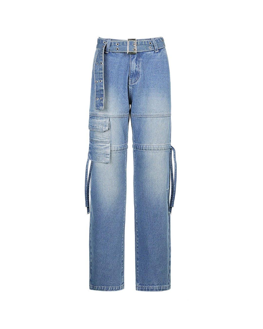 Retro Style Low-rise Belt Out Pocket Straight Jeans