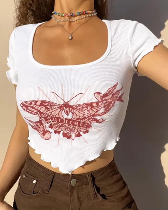 Butterfly Print  Asymmetrical Hem Crop Top