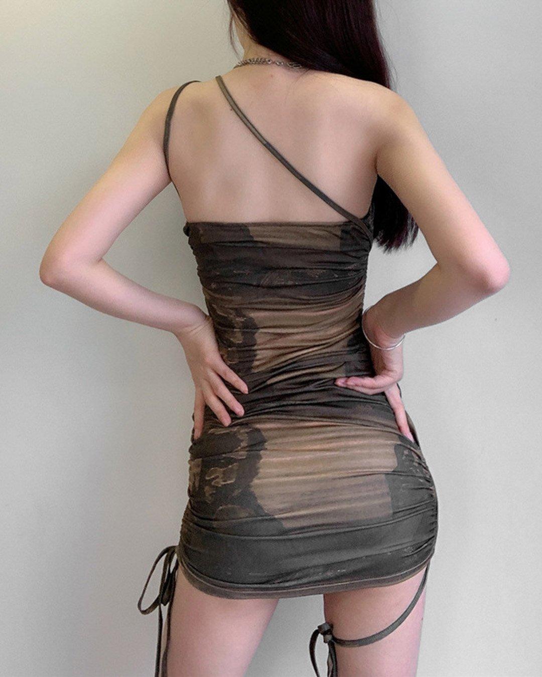 Sexy Lace-up Abstract Print Ruched Bodycon Mini Dresses