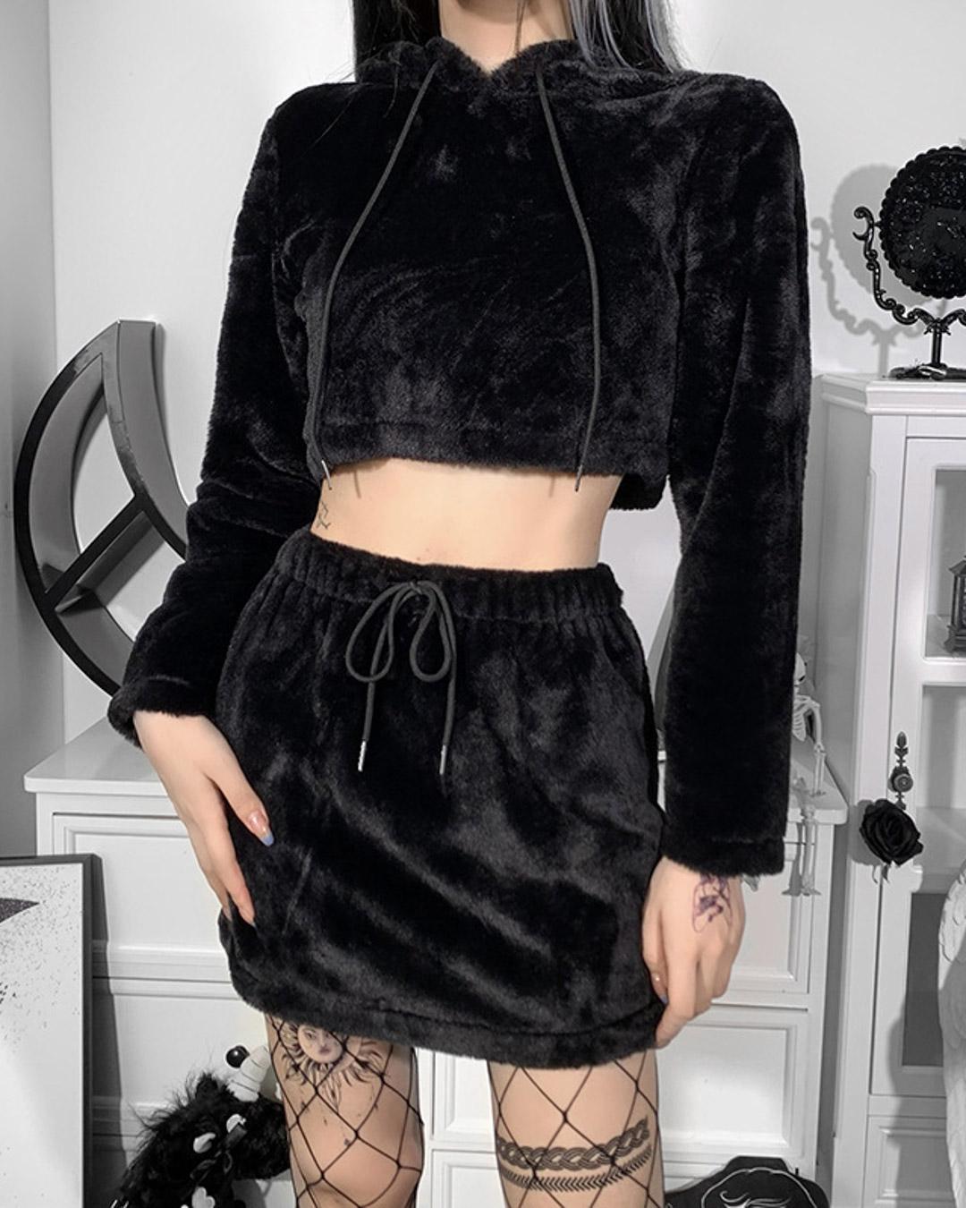 Gothic Darkness Solid Color Fuzzy Skirt Set