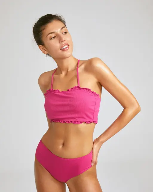 Tie Strap Halterneck Frill Trim Sling Bikini Set