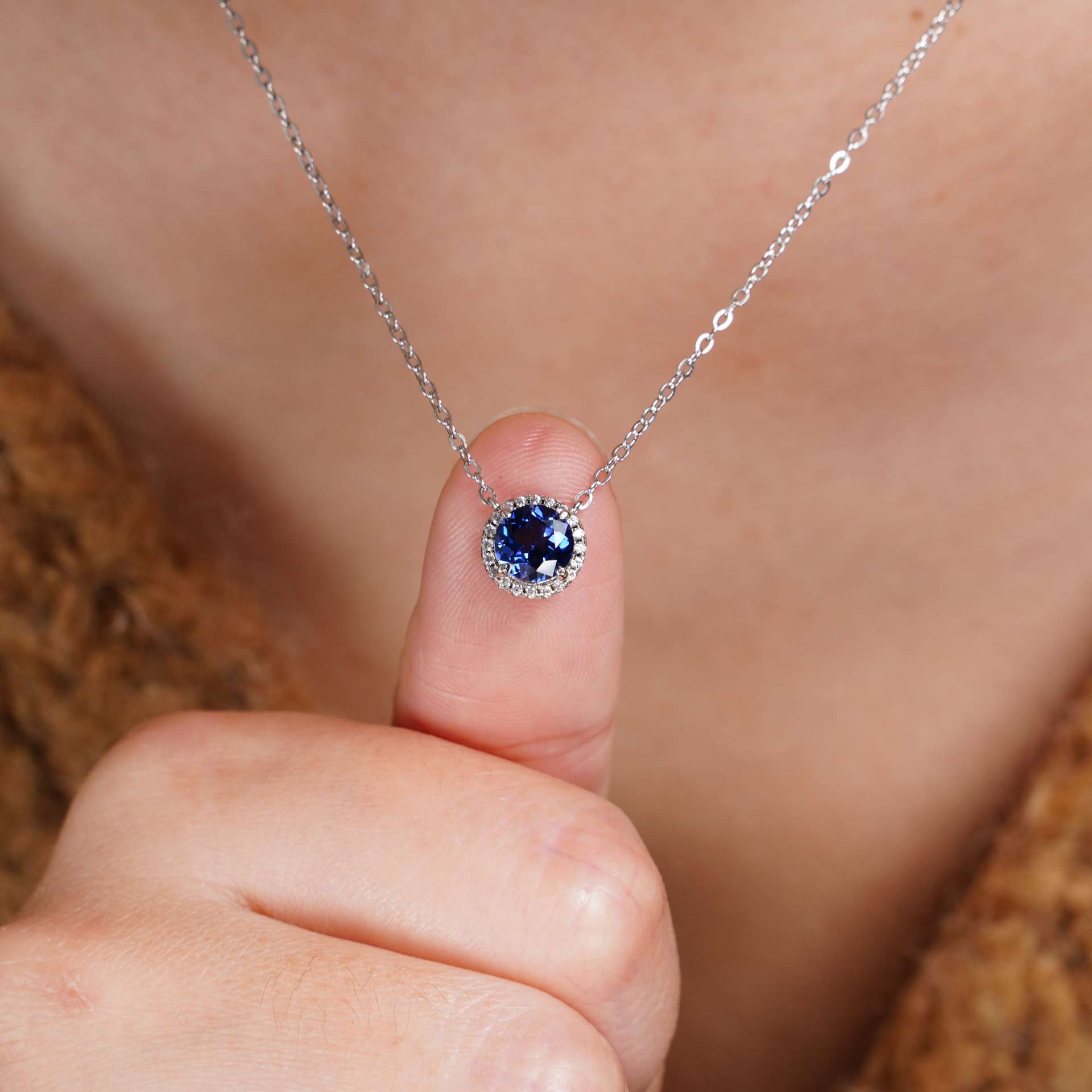 1CT Synthetic Sapphire Round Brillliant Cut Pendant Necklace