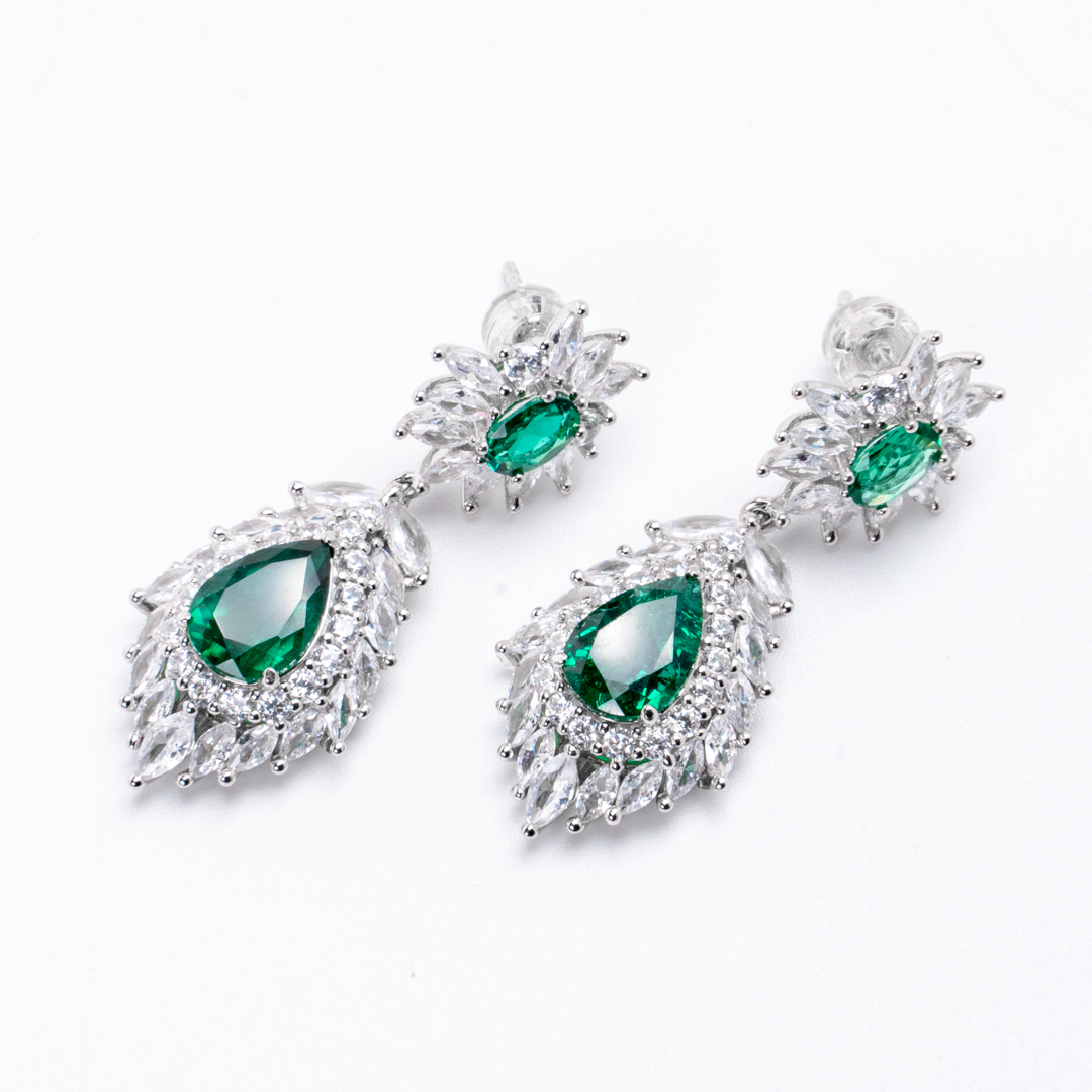 Lab Grown Emerald Platinum Plated Sterling Silver Drop Earrings, Dinner Party, Wedding