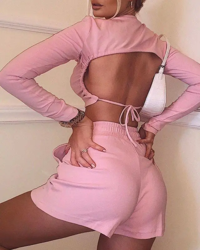 Backless Long Sleeve Solid Color Crop Top & Shorts Set