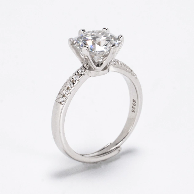 3 Carat Moissanite Platinum Plated Sterling Silver Ring, Round Brilliant Cut Six Prong Setting