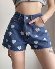 Heart Print Denim Raw Hem Shorts