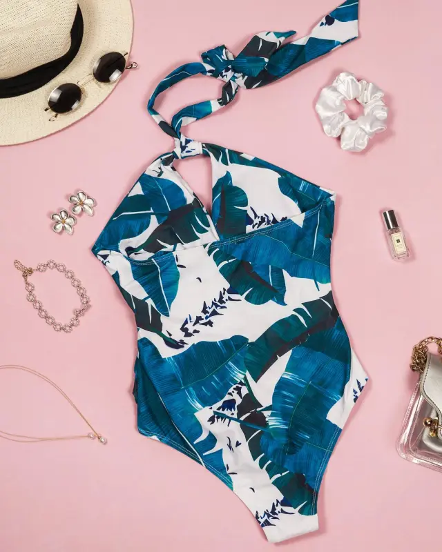Leaf Print Halter Backless One-piece Swimsuit