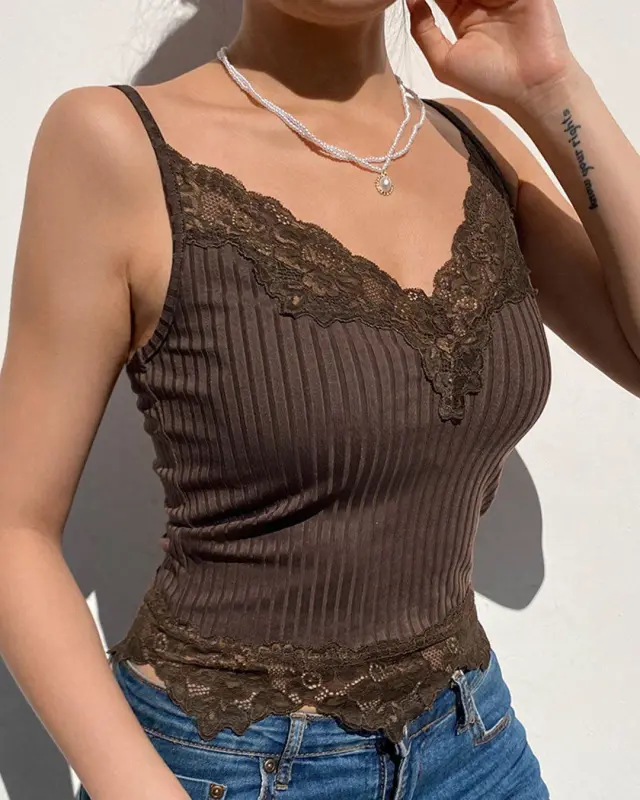 Ribbed Lace Trim Cami Tops