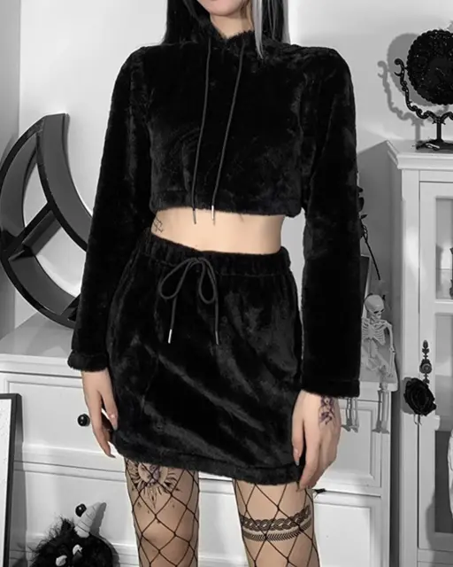 Gothic Darkness Solid Color Fuzzy Skirt Set