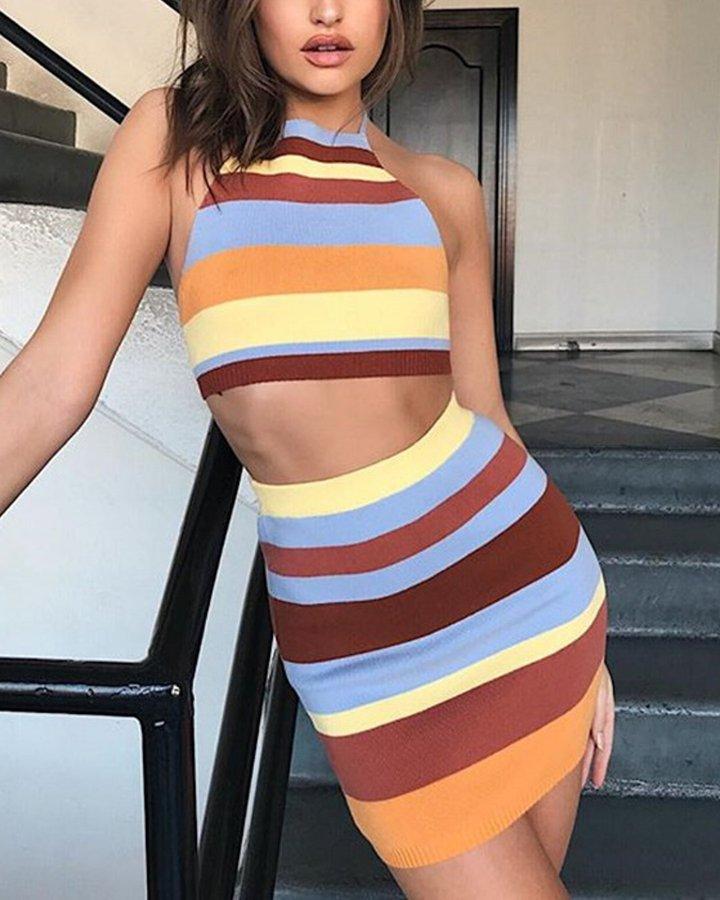 Rainbow Striped Halter Skirt Set