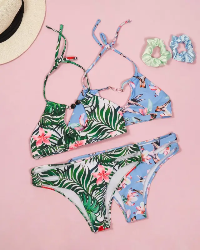 Leaf Print Cutouts Halter Low-rise Bikini Sets