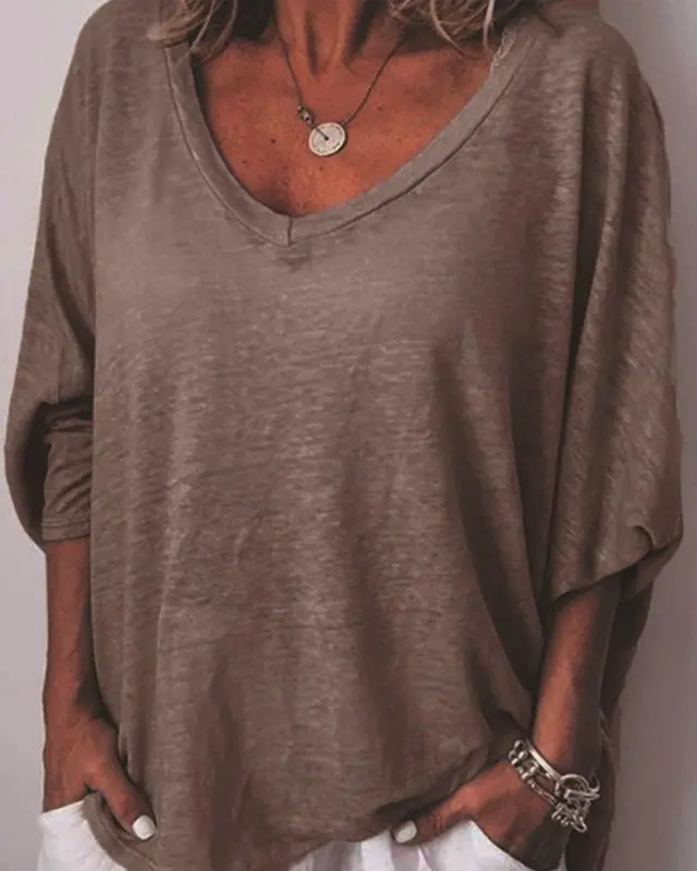 V-Neck Solid Casual Loose T-Shirt