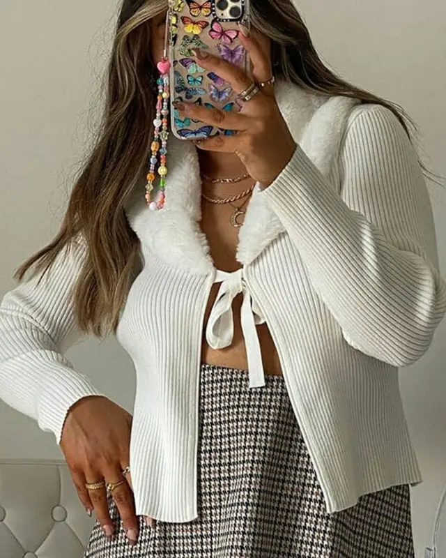 Wool Collar Lace Up Cardigan Tops