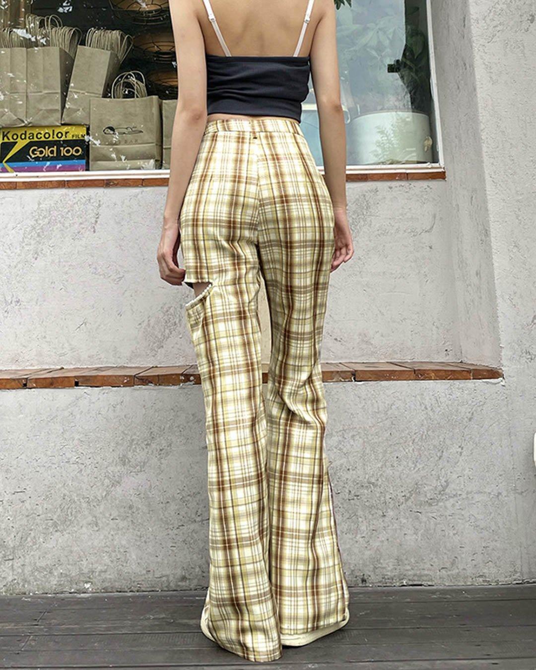 High-waisted Cut Out Beaded Plaid Bootcut Pants