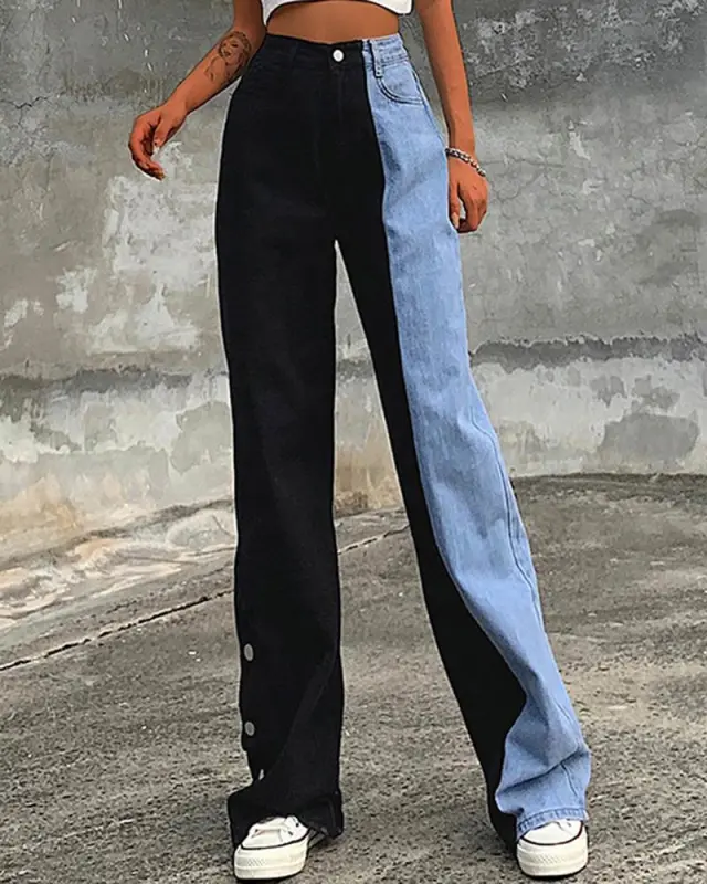 Colorblock High Waisted Straight Jeans