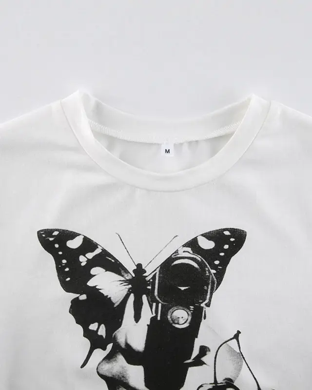 Tees Round Neck Butterfly Print Crop Tops