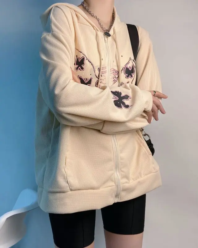 Butterfly Embroidered Zipper Hooded Tracksuit