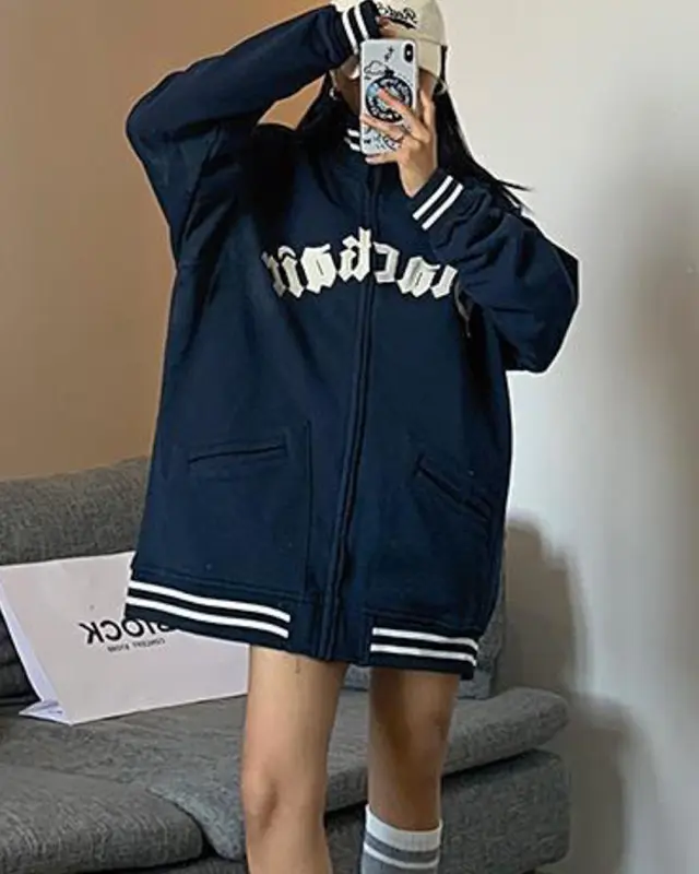 Letter Sporty Zip Up Oversized Outerwear