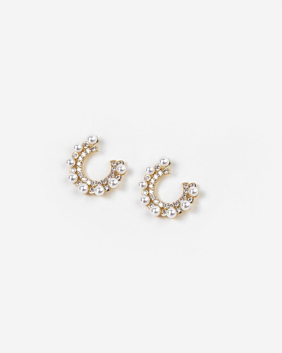 Golden C-shaped Zircon Pearl Earrings