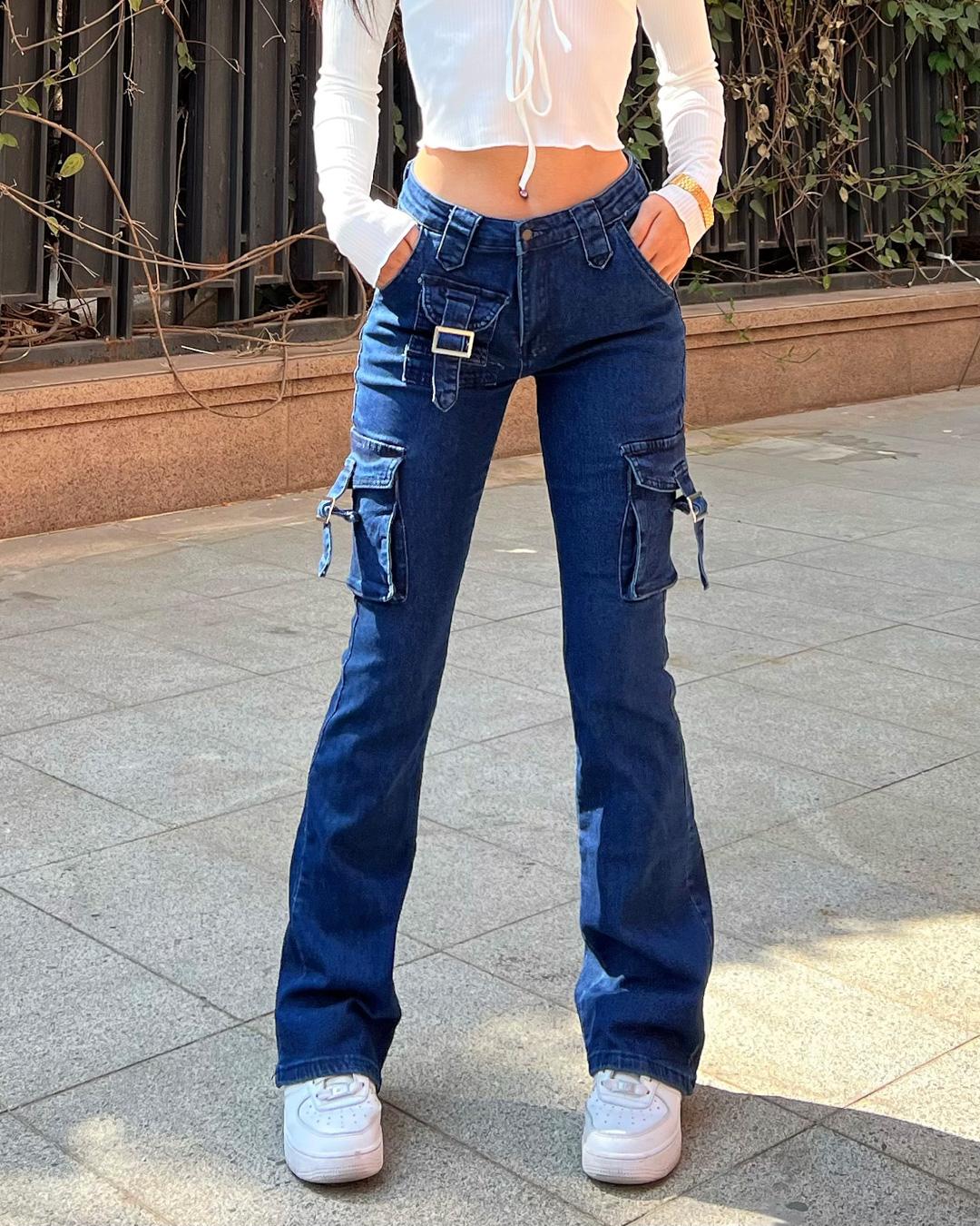 Low Waist Flap Pocket Flared Denims Jeans