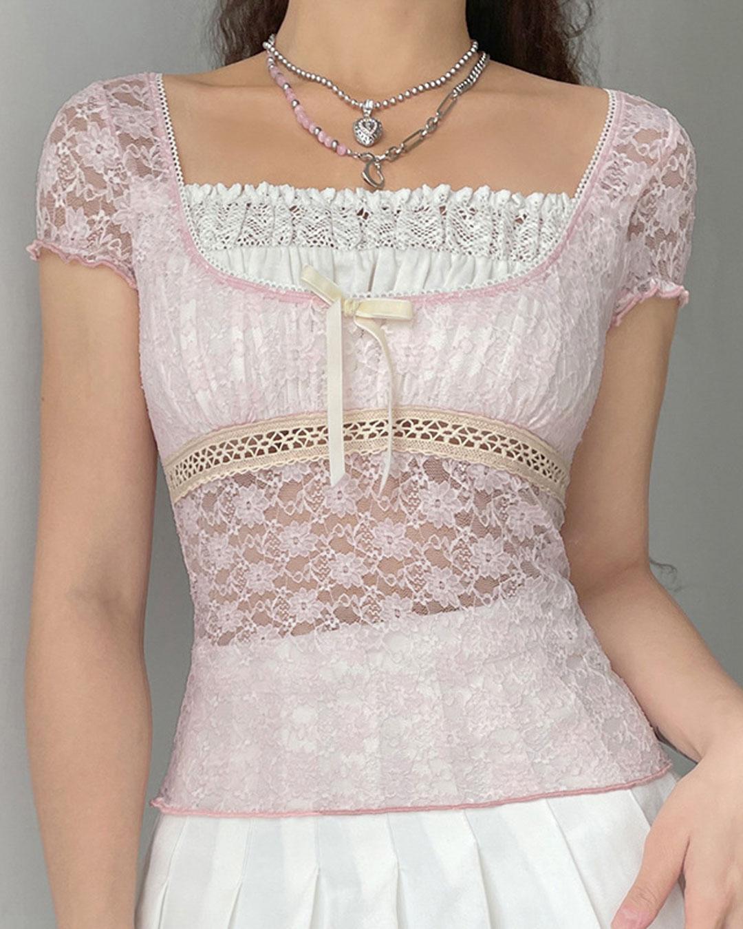 Lace Patchwork Square Collar Blouses