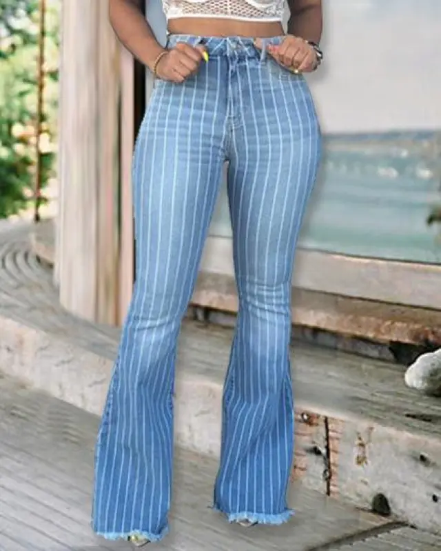 Striped Stretch Flared Jeans