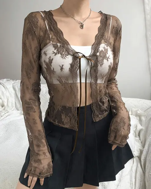 Lace Tie Front Long Sleeve Cardigan Blouses