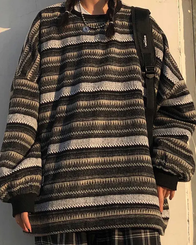 Loose Retro Lazy Striped Woolen Pocket Crew Neck Sweaters