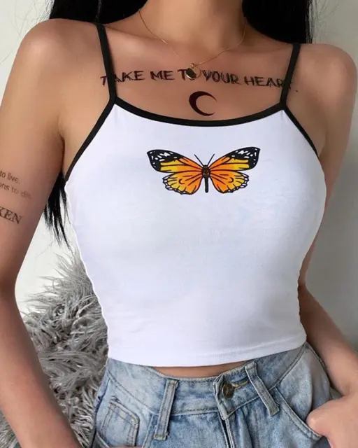 Butterfly Print Casual Crew Neck Cami Tops