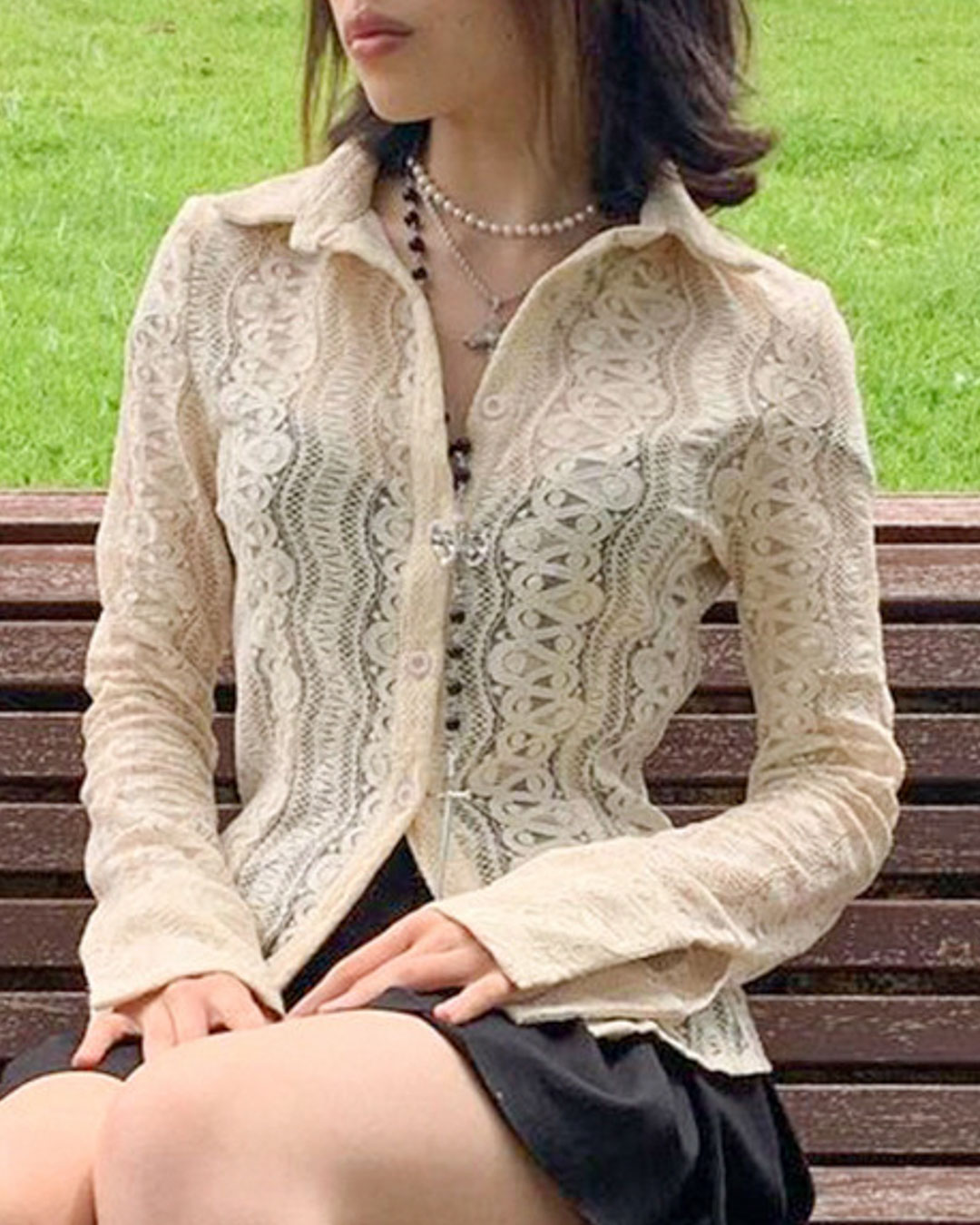 Lace See-through Button Up Blouse