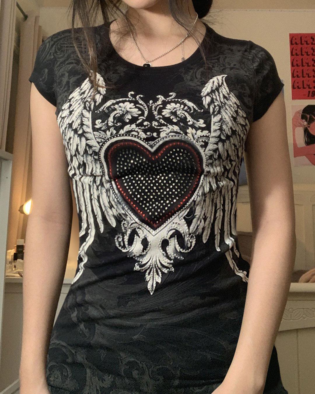 Retro Print Heart Hotfix Rhinestone T-shirt