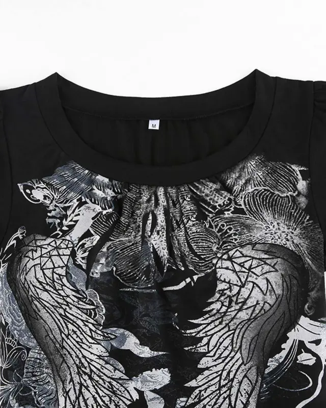 Wings Print Round Collar Puffed Sleeves T-shirt