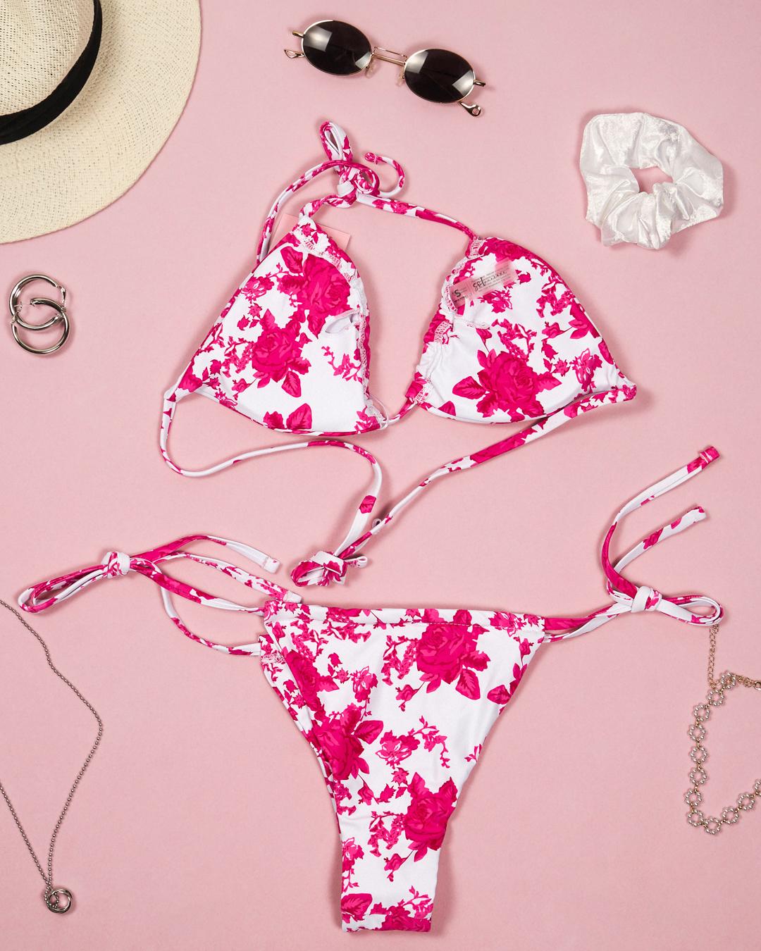 Floral Print Halter Tie Side Bikini Sets
