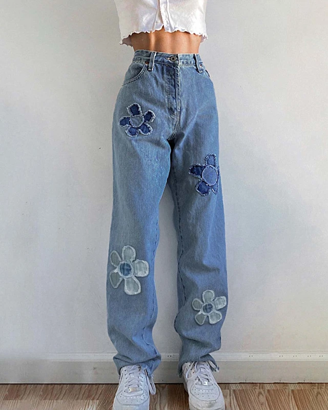 High-rise Flower Patched Straight Jeans