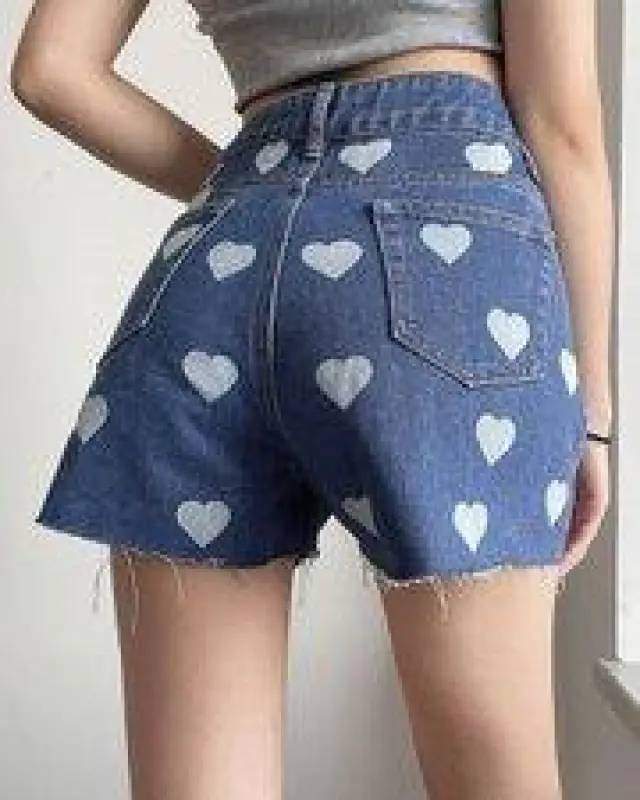Heart Print Denim Raw Hem Shorts